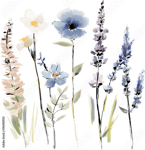 Cute little minimal blue flowers watercolor illustration clipart. Set watercolor design elements of roses collection garden navy blue flowers, leaves, gold branches, Botanic illustration isolate