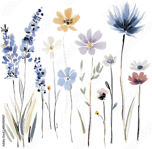 Cute little minimal blue flowers watercolor illustration clipart. Set watercolor design elements of roses collection garden navy blue flowers, leaves, gold branches, Botanic illustration isolate