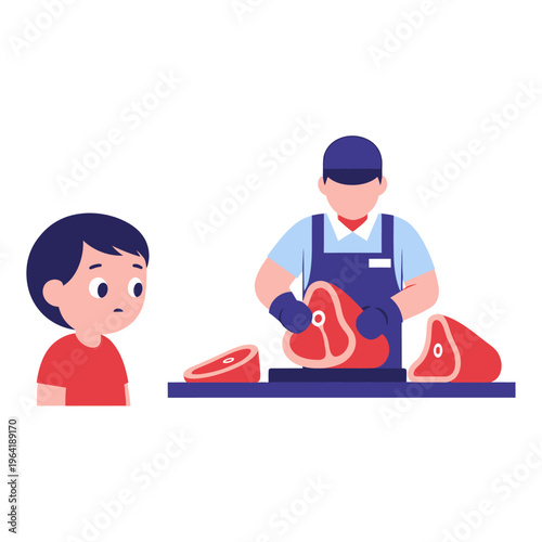Young Boy Looks Concerned as Butcher Cuts Raw Meat at Counter