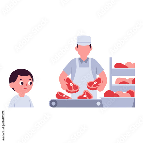 Young Boy Observes Butcher at Work in Meat Processing Facility with Concerned Expression