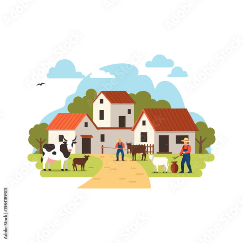 Idyllic rural farm with happy farmers tending livestock and harvesting on a sunny day