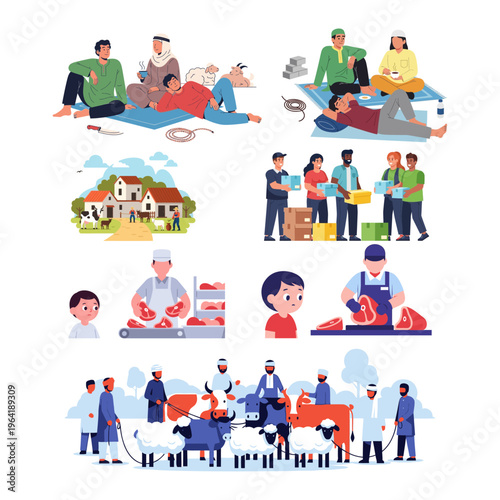Vibrant Muslim community scenes depicting traditions, charity, sacrifice, and family gatherings