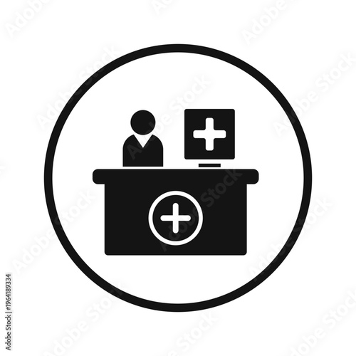 Abstract illustration of a medical reception desk with a person and computer screen inside a circle