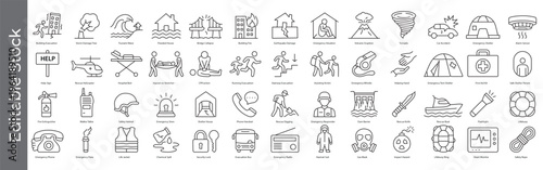 Emergency, disaster and rescue icon set – editable outline symbols of evacuation, shelter, accident, first aid, rescue and safety