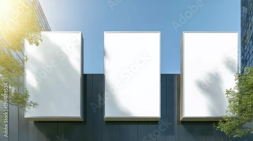 Empty whiteboard billboard panels placed side by side in an outdoor setting, front view, ample copy space, perfect for use in advertising templates, signage mockups, or promotional visuals.
