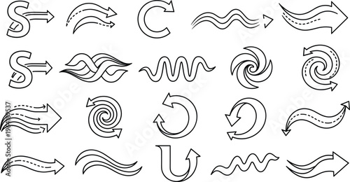 Curved Arrow Direction Icons Set with Flow Motion Spiral Wave and Rotation Indicators for Navigation Interface Infographic Workflow and Graphic Design Vector Collection