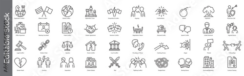 Fotografie Conflict, dispute and crisis icon set – editable outline symbols of argument, wa
