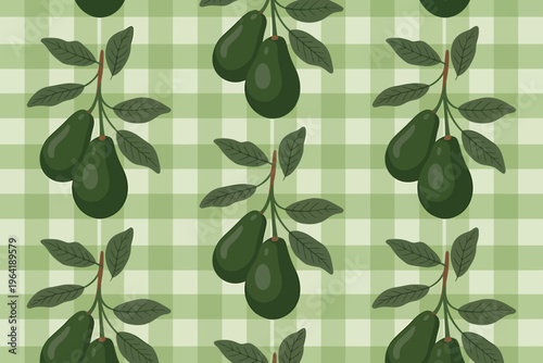 Avocado fruit with leaves on branch against green checkered pattern
