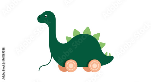 Vibrant green dinosaur pull toy illustration in a cheerful flat design style. This classic wheeled children's plaything evokes simple childhood fun, imagination, and learning themes for kids