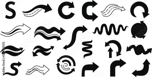 Curved Arrow Icon Set with Wave Direction Symbols Spiral Rotation Arrows Flow Movement Indicators and Navigation Interface Elements Vector Illustration Collection