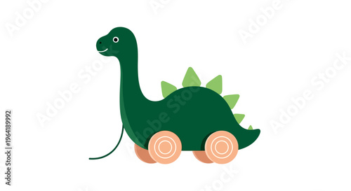 Charming green dinosaur pull toy, a classic wooden design for imaginative children's playtime and early learning. Ideal for toddlers developing motor skills and fostering creative play