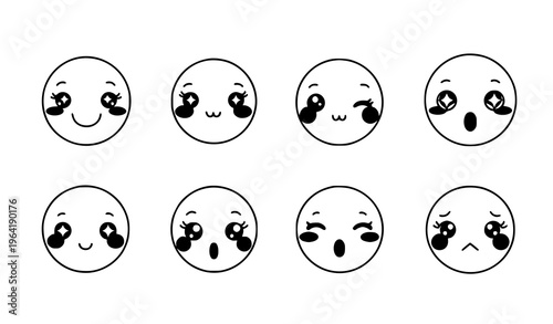 Kawaii cute tender face vector set with smiling winking blushing expressions isolated on white