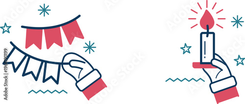 Celebratory hands holding festive string and lit candle