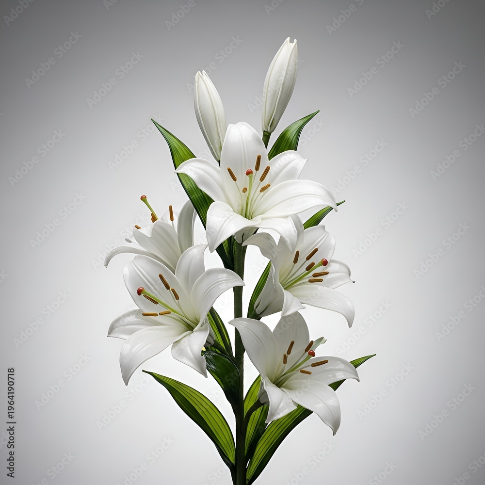 Elegant white lily bouquet with developing buds, showcasing pure beauty and botanical detail in a