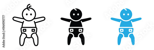 Stick figure icons of baby in diaper with arms outstretched in black, White and blue color variations for design and infographic use