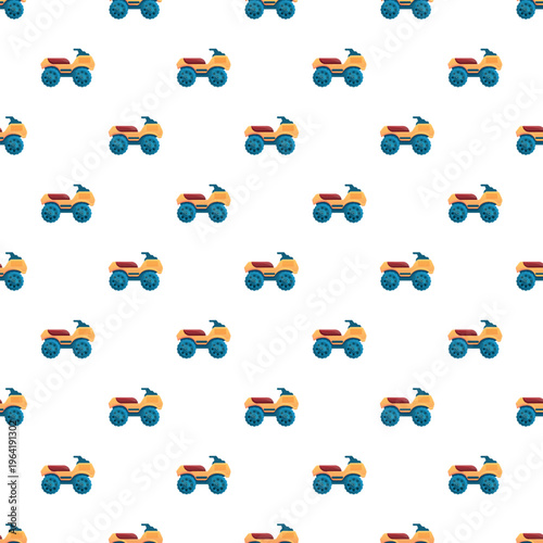 Cartoon quad bike atvs forming a repetitive seamless pattern on white background