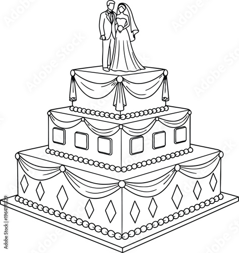 Coloring page of a three tiered wedding cake with decorations