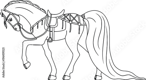 Free color page of a beautiful horse with saddle and bridle