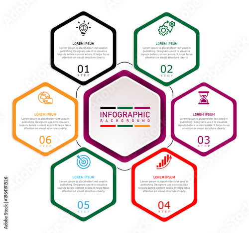 Business template with hexagonal vector elements in circular direction | 6 steps timeline marketing chart with icon | Modern histogram diagram vector illustration for organization 