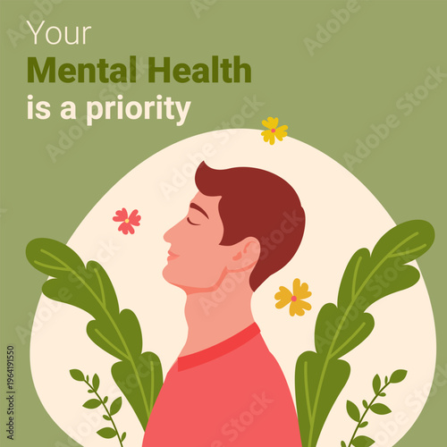 Your mental health is a priority. A man surrounded by vegetation and flowers chooses psychological health and harmony.