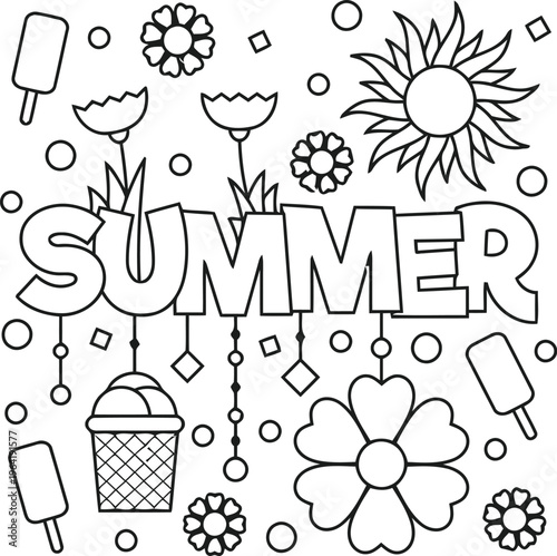Summer color page with ice cream popsicles and flowers