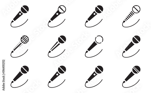 Handheld microphone icons with dynamic cord for stage performance live music and vocal presentations.