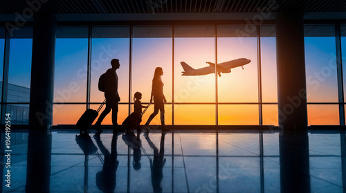 Airport family travel, vacation airplane silhouette, sunset terminal window, people walking luggage