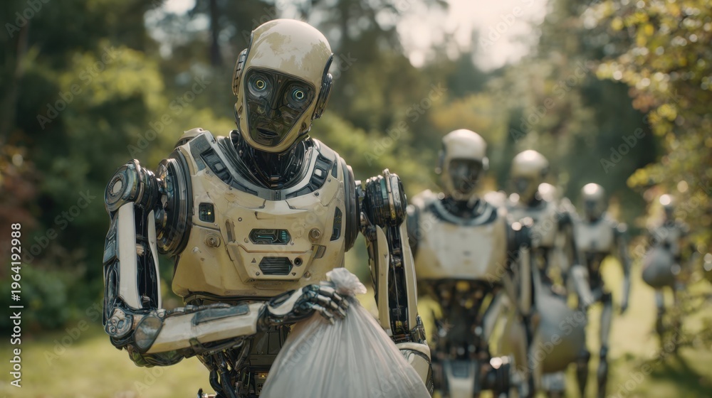 Fototapeta premium Robots collect garbage in a park while performing tasks during the day in an outdoor environment