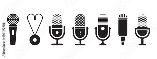 Set of classic bold black and white microphone designs, including a unique heart-shaped one, isolated.