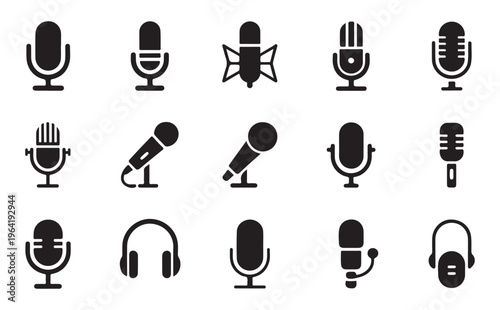 Collection of microphone icons for sound recording and broadcasting diverse types and styles.