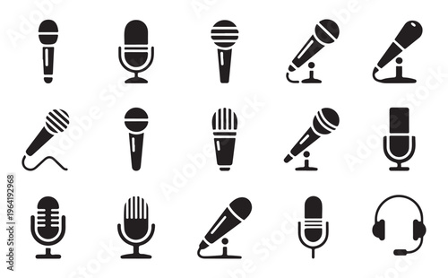 Diverse collection of microphone icons for audio recording broadcasting and podcasting purposes.