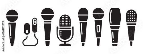 Diverse collection of bold black and white microphone designs for various audio recording needs.