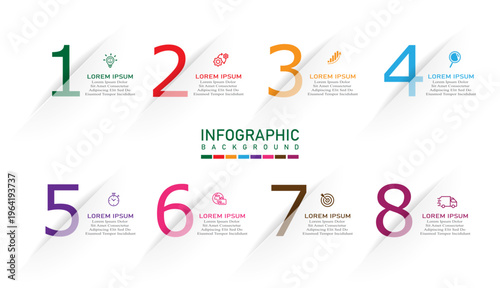 8 steps or options infographic business template with step number and icon | Marketing state or progress chart | Traditional timeline diagram for organization