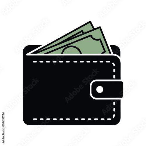 Simple flat icon illustration of a black wallet with green banknotes peeking out from the top