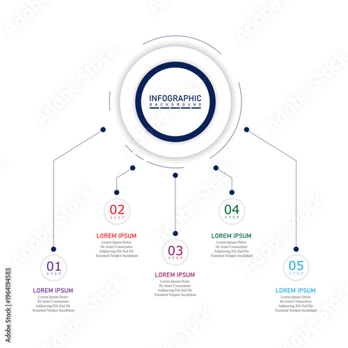 Marketing timeline infographic template with one side circular steps | Business progress representation chart | Company 5 steps diagram with modern multicolour vector illustration