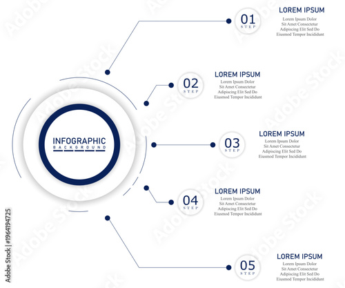 Marketing timeline infographic template with one side radial steps | Business progress representation chart | Company 5 steps diagram with dark blue vector illustration