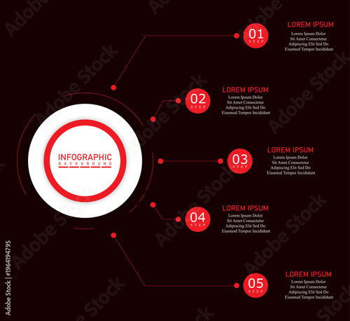 Marketing timeline infographic template with one side radial steps | Business progress representation chart | Company 5 steps diagram with red vector illustration