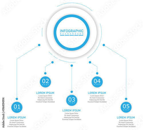 Marketing timeline infographic template with one side circular steps | Business progress representation chart | Company 5 steps diagram with sky blue vector illustration