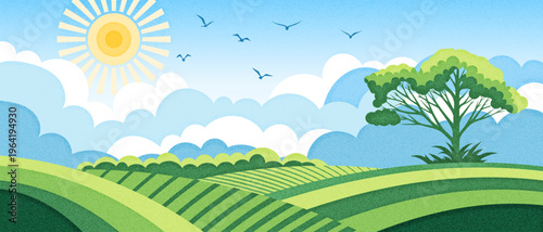 View of summer landscape, green meadows and hills, picturesque sky and sun, noisy texture, vector illustration