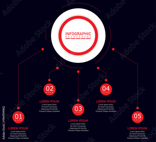 Marketing timeline infographic template with one side circular steps | Business progress representation chart | Company 5 steps diagram with blue vector illustration