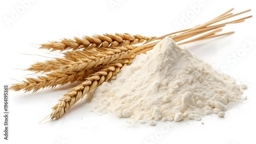 White wheat flour with ears of wheat in soft natural light rustic kitchen baking ingredient concept