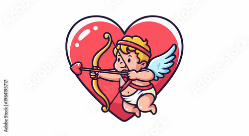 A cartoon cupid with wings aims an arrow from a bow