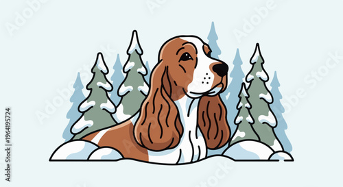 A cartoon dog with long ears sits in a snowy forest amongst pine trees
