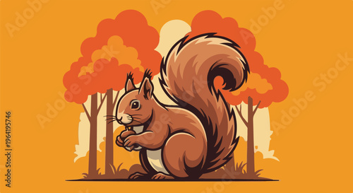 A cartoon squirrel sits holding a nut in front of stylized autumn trees