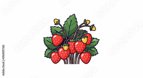 A cluster of bright red strawberries and yellow blossoms on green leaves