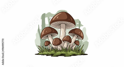 A cluster of brown mushrooms grows in green grass amidst misty trees