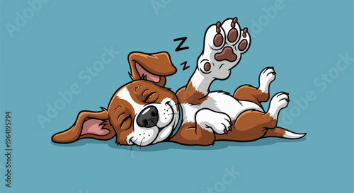 A cute cartoon dog with brown and white fur is sleeping soundly on its back