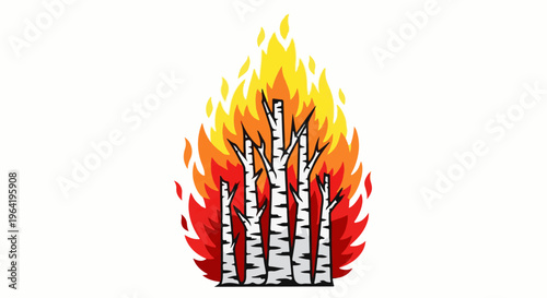 A stylized depiction of birch trees engulfed in flames