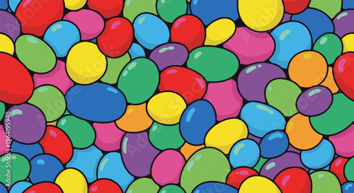 A vibrant, seamless pattern of assorted, colorful, jelly bean-like shapes