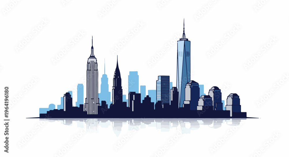 Obraz premium Stylized, flat-color city skyline with tall buildings and reflections